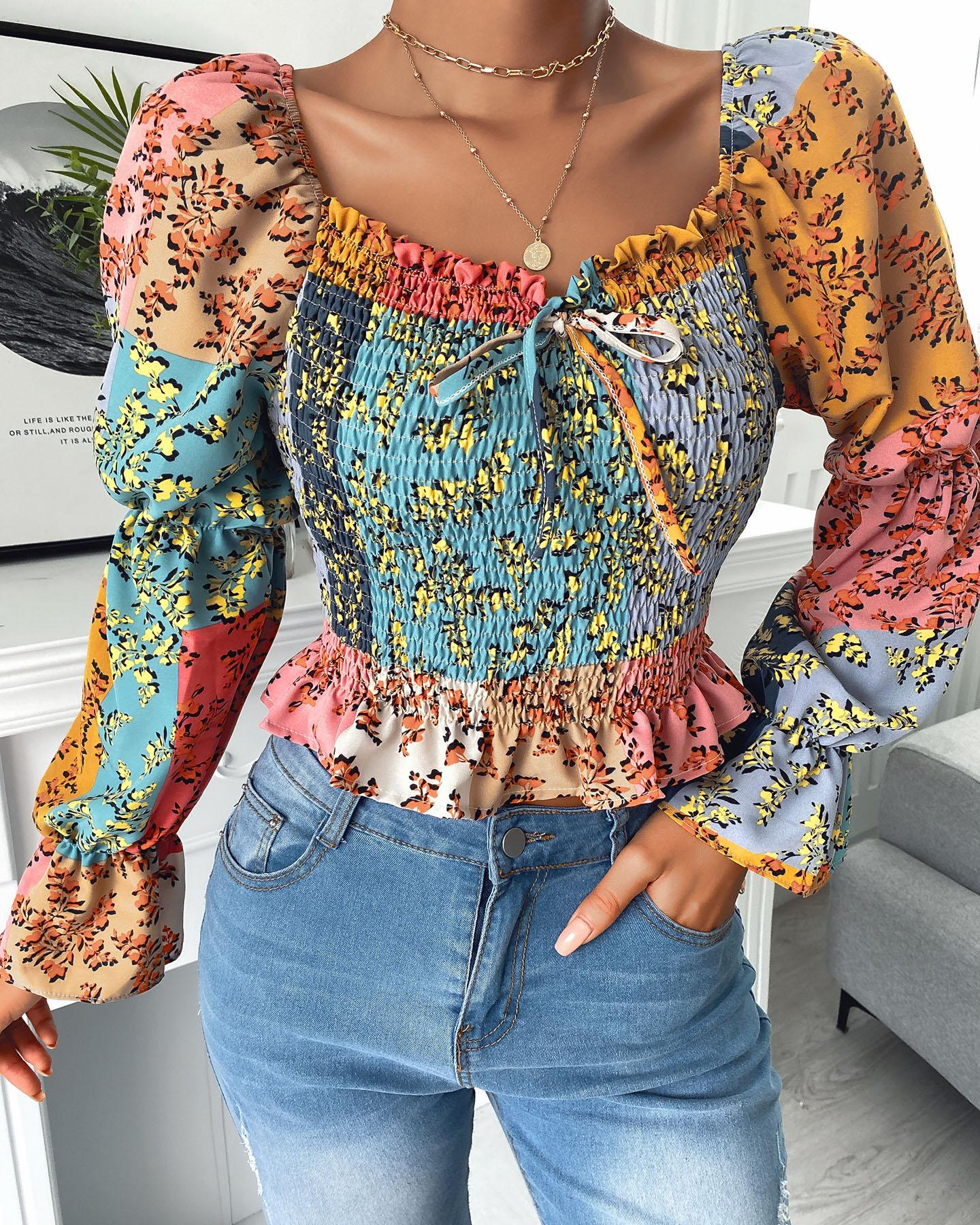 

Floral Print Shirring Detail Ruffles Top, Green