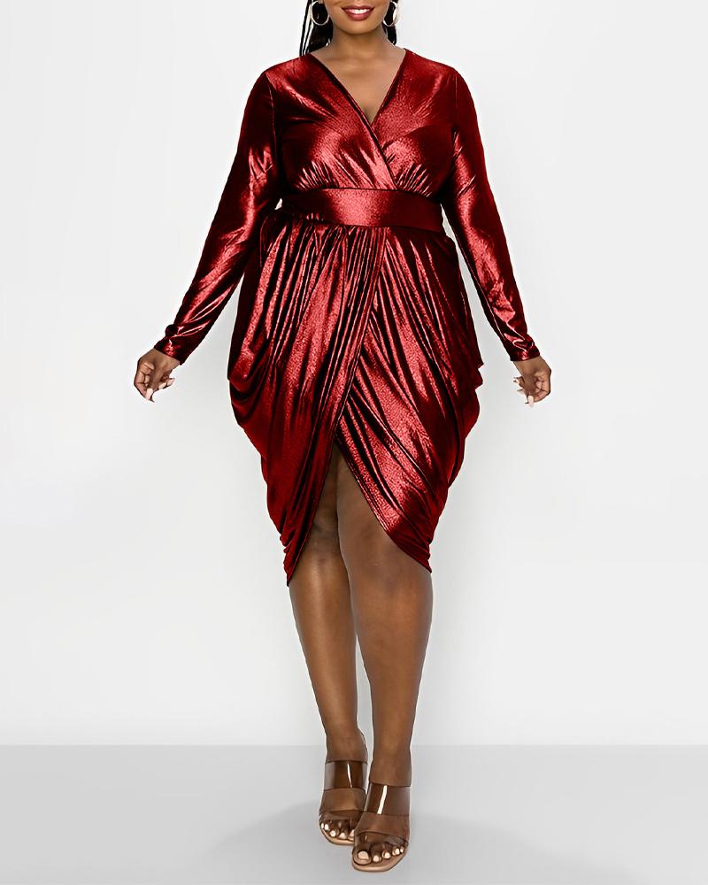 

Plus Size Metallic Long Sleeve Ruched Party Dress, Red