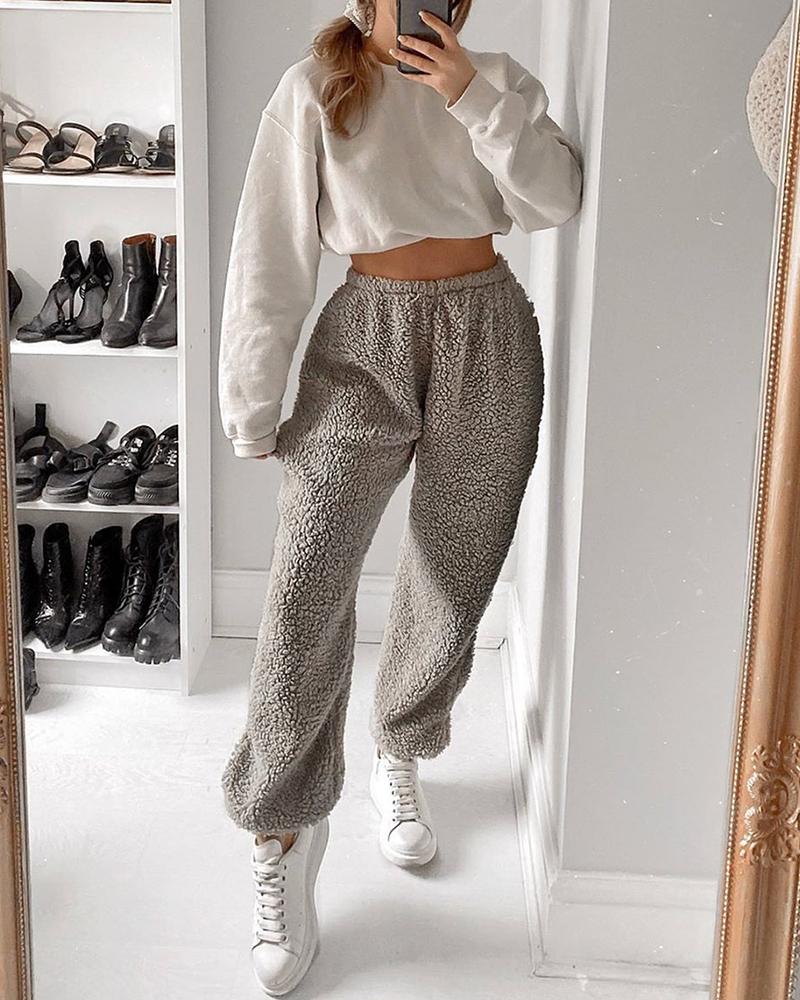 

High Waist Fluffy Casual Pants, Gray