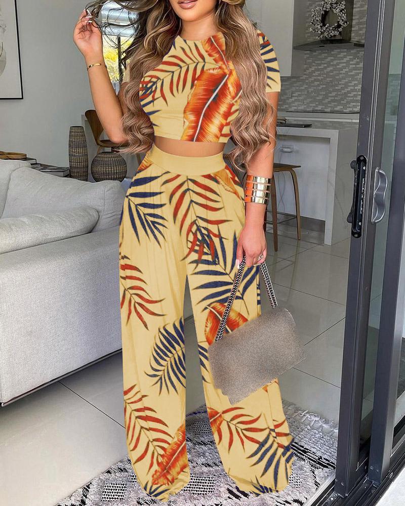 

Leaf Print Crop Top & Wide Leg Pants Sets, Khaki