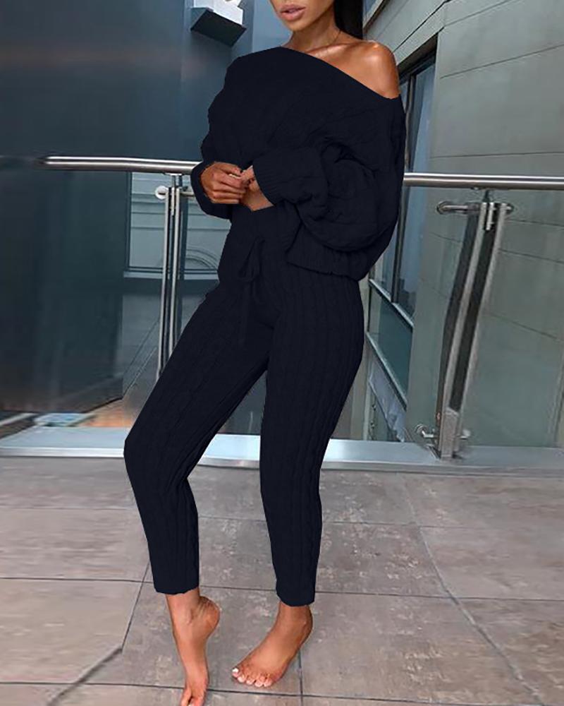 

Batwing Sleeve Knit Braided Sweater & Drawstring Pants Set, Black