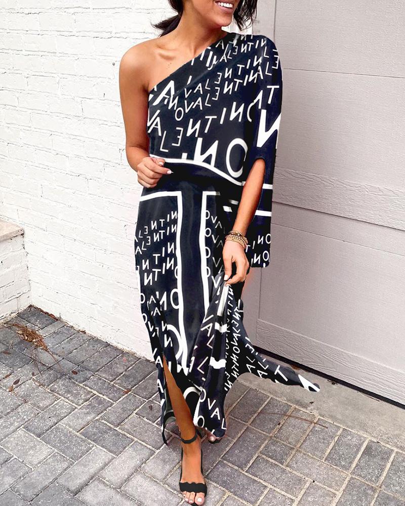

Letter Print One shoulder Dress, Black