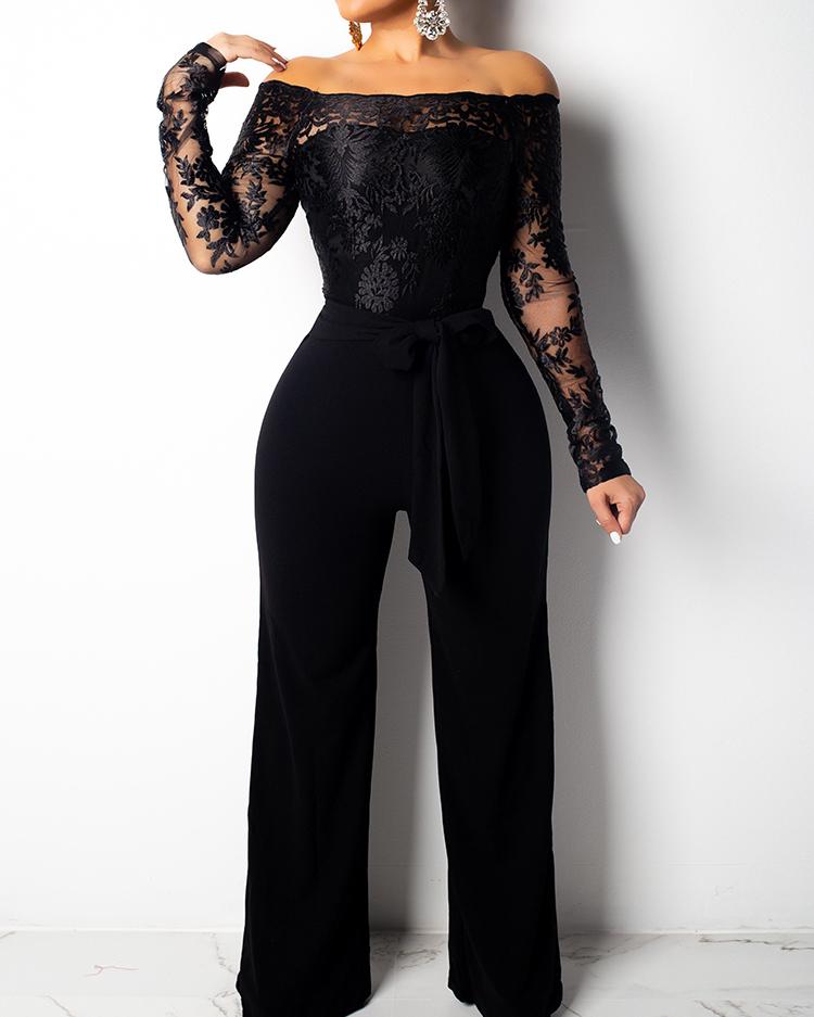 Wide Leg Lace Bodice Belted Jumpsuit