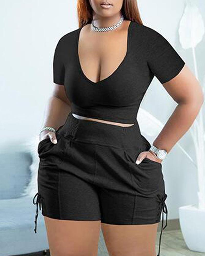 

Plus Size Crop Top & Lace-up Side Shorts Set, Black