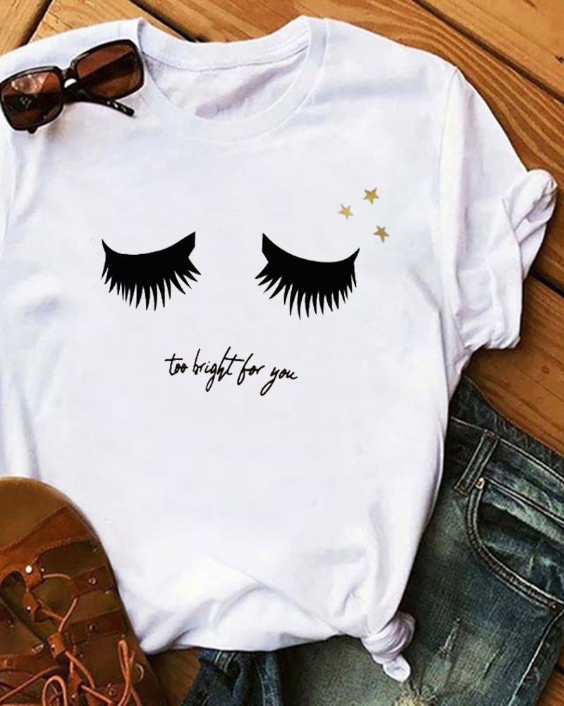 

Eyelash Print Short Sleeve Casual T-Shirt, White