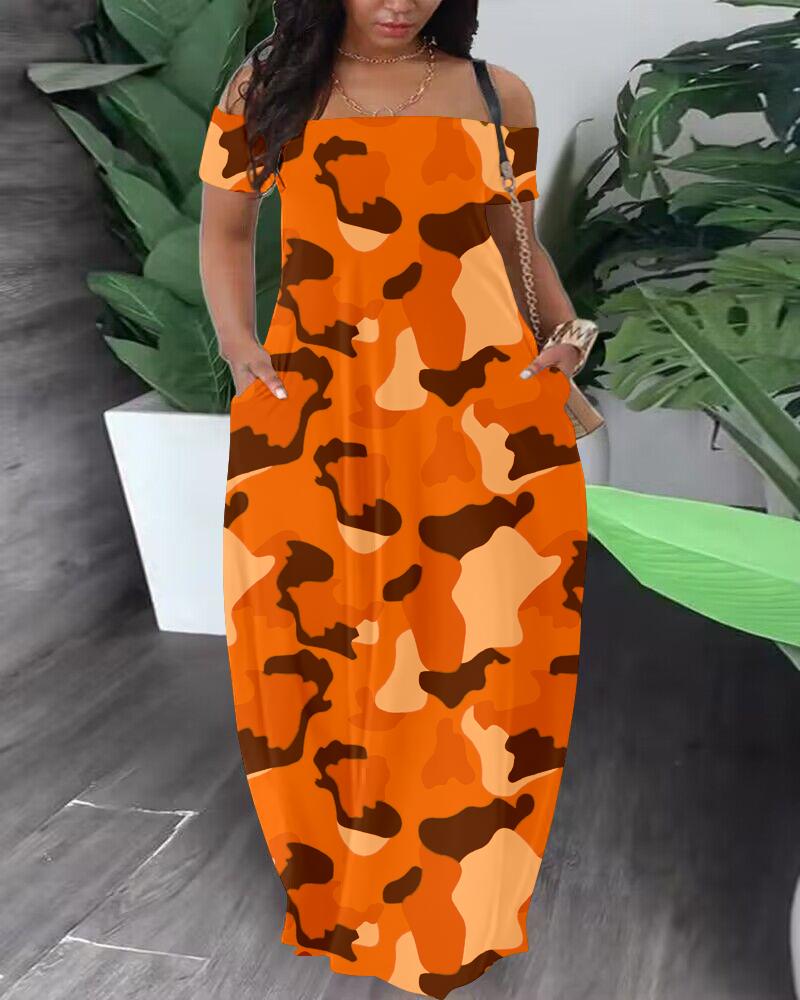 Robe Maxi Imprimée Camouflage à Epaule Dénudée de Grande Taille