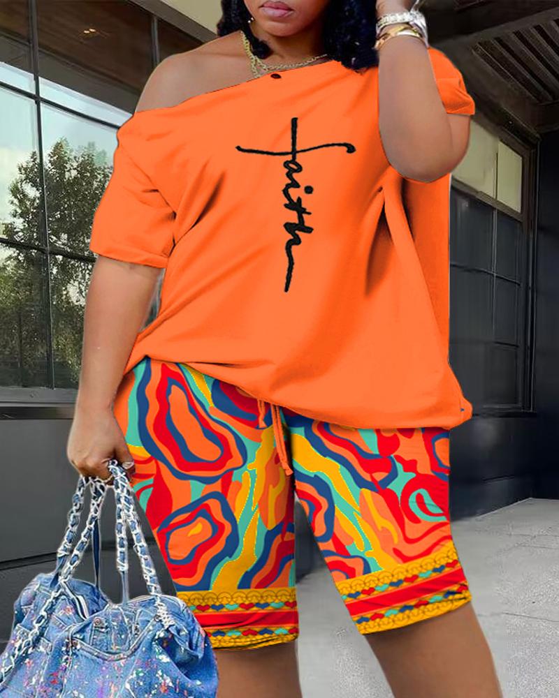 

Plus Size Faith Multi-Color Abstract Print Top & Shorts Set, Orange