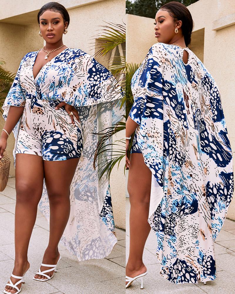 

Plunge Cheetah Abstract Print Batwing Cloak Sleeve Romper, Blue