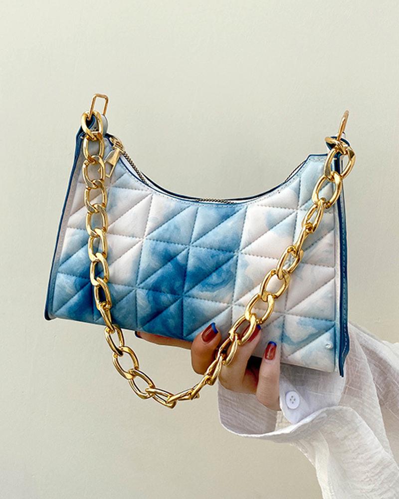 

Quilted Argyle Ombre Chain Strap Shoulder Baguette Bag, Blue