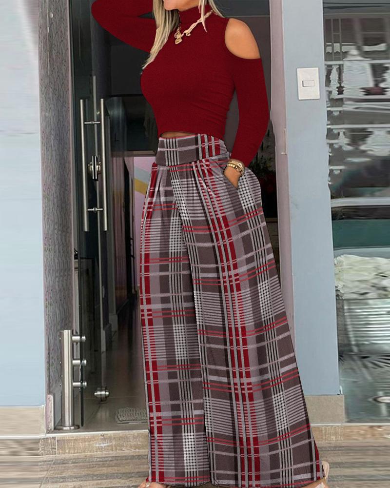 

Cold Shoulder Top & Plaid Print Wide Leg Pants Set, Wine red