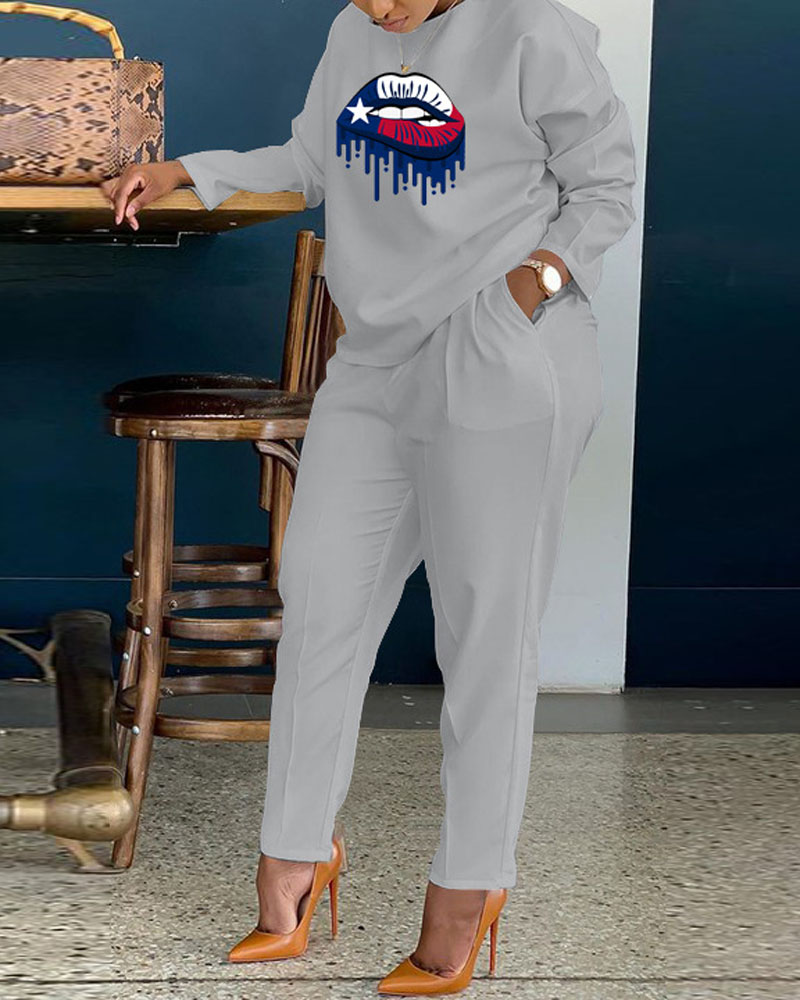 

Lip Print Long Sleeve Casual Top & Pants Set, Gray