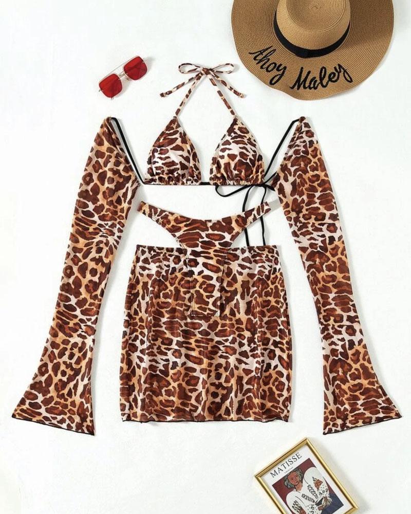 

3PCS Leopard Print Halter Bikini Set With Sheer Mesh Cover Up