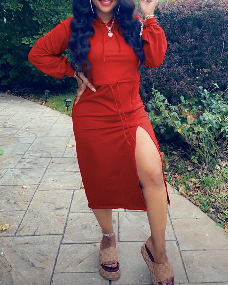 

Lantern Sleeve High Slit Hooded Sweatshirt Casual Dress, Red
