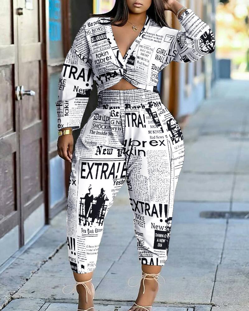 

Newspaper Print Twisted Crop Top & High Waist Pants Set, White