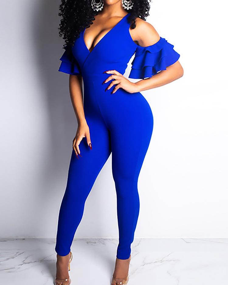 

Cold Shoulder Ruffles Design Zipper Back Jumpsuits, Blue