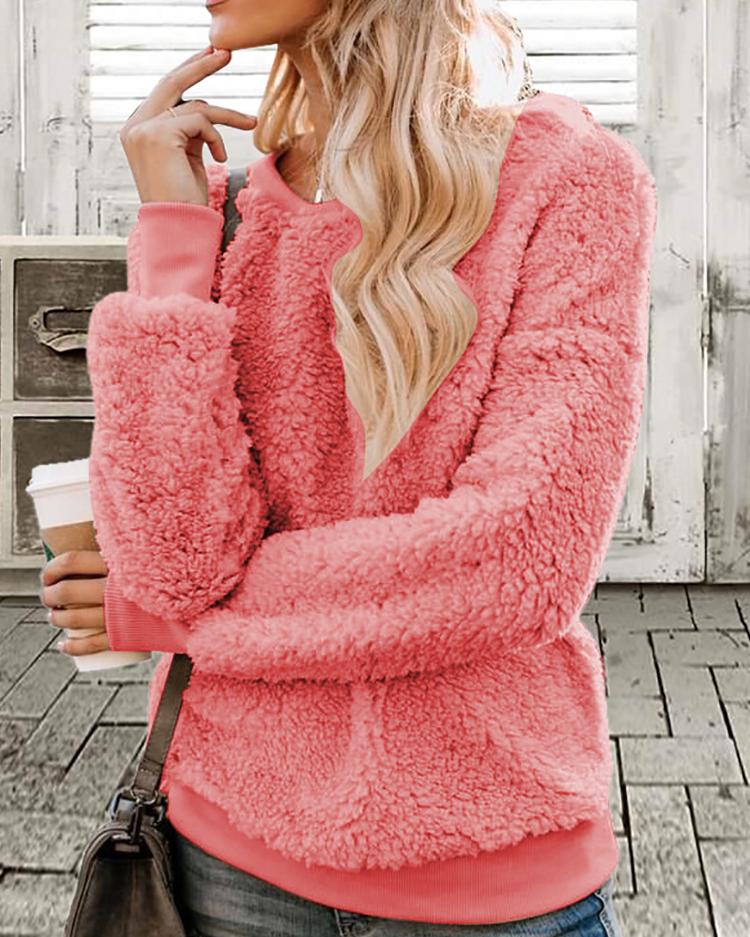 

Solid Fluffy Round Neck Sweatshirt, Pink