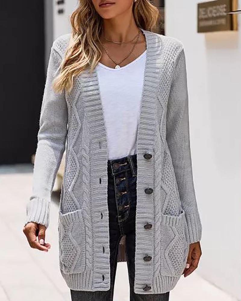 

Pocket Button Design Long Sleeve Braided Knit Cardigan, Gray