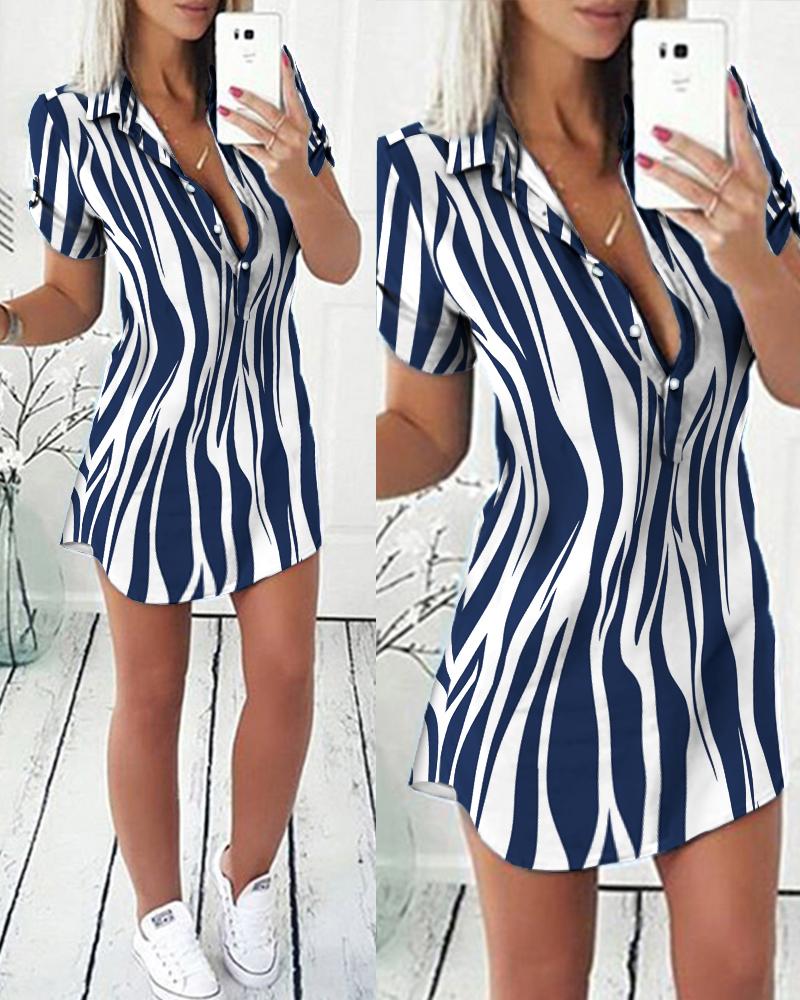 

Stripe Print Short Sleeve Button Front Shirt Dress, Blue