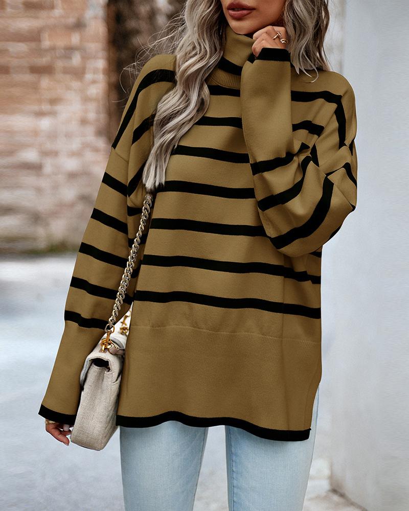 

Striped High Neck Side Slit Knit Sweater, Brown