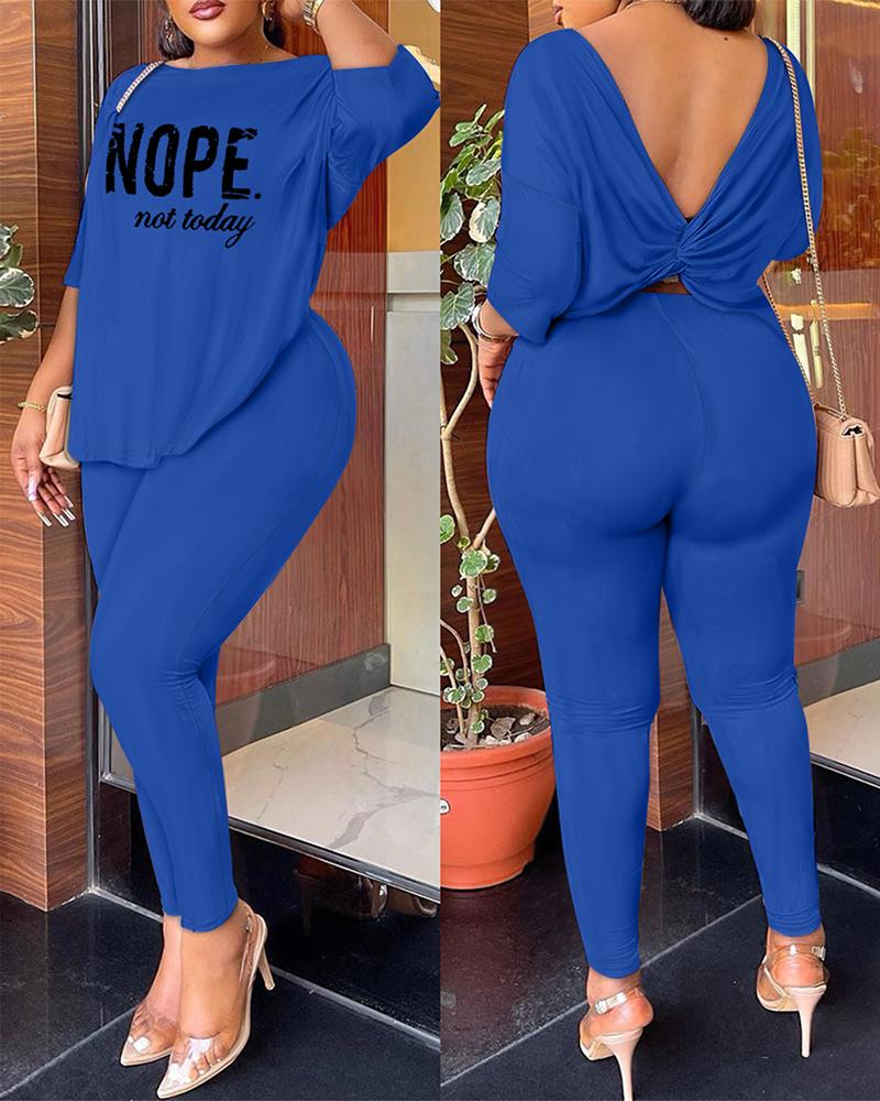 

Nope Not Today Print Twisted Backless Top & Pants Set, Blue