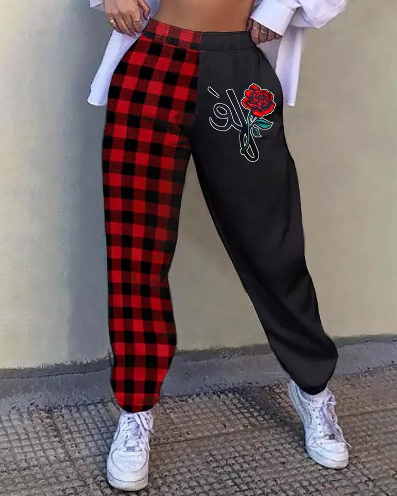

Floral Plaid Print High Waist Casual Pants, Red