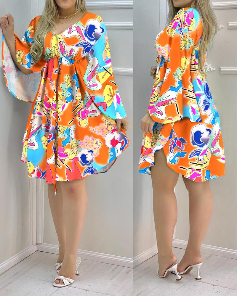 

Allover Print Cloak Sleeve Drawstring Casual Dress, Multicolor