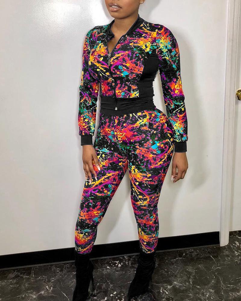 

Colorblock Zipper Front Long Sleeve Top & High Waist Pants Set, Black