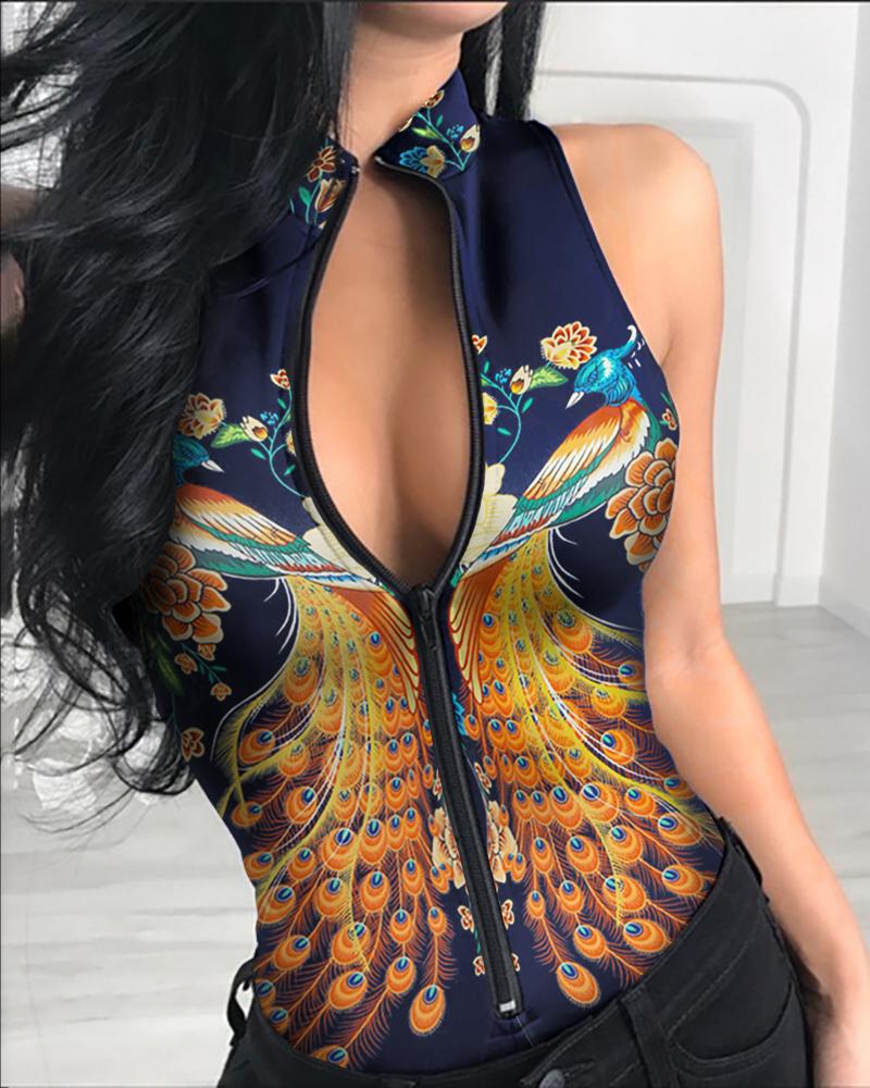 

Zipper Front Peacock Print Sleeveless Bodysuit, Multicolor