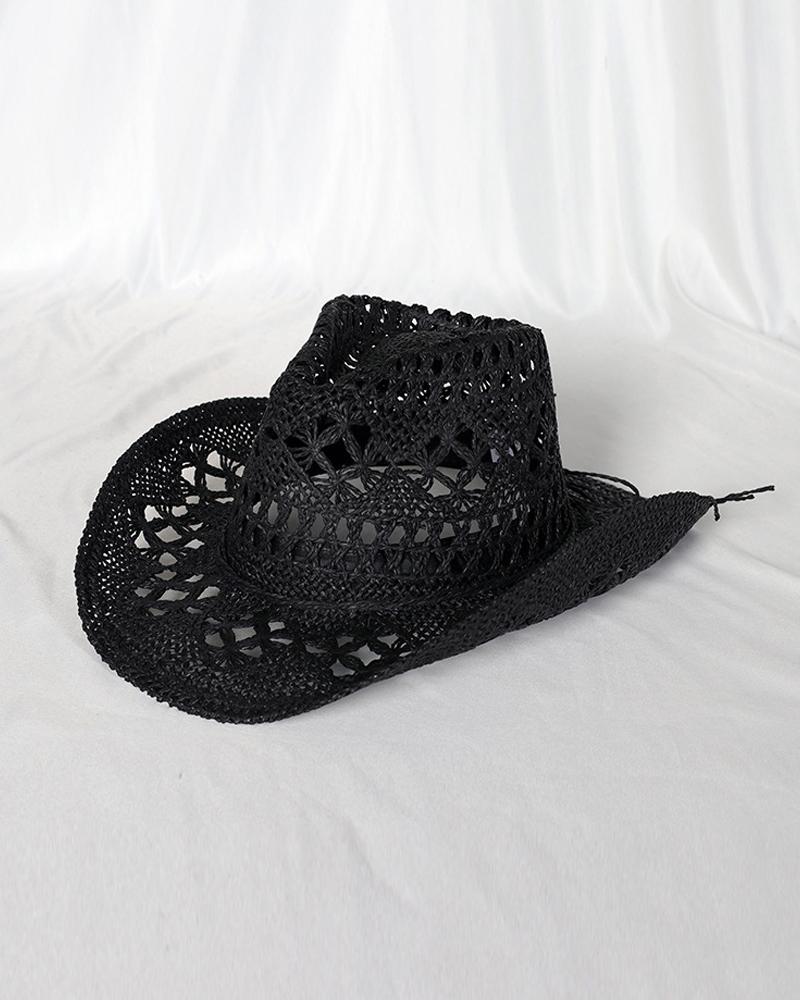 

1pc Hollow Out Straw Cowboy Hat, Black