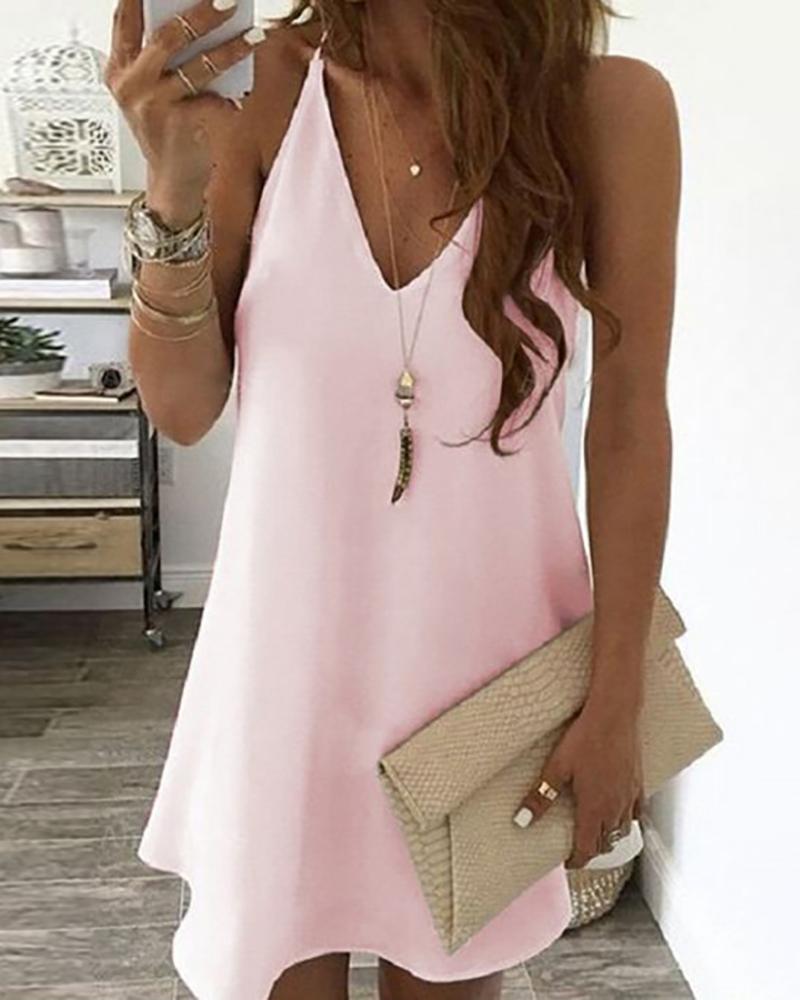 

Sleeveless V Neck Casual Dress, Pink
