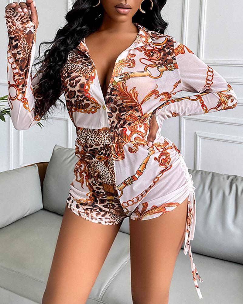 

Leopard Scarf Print Buttoned Drawstring Romper, White