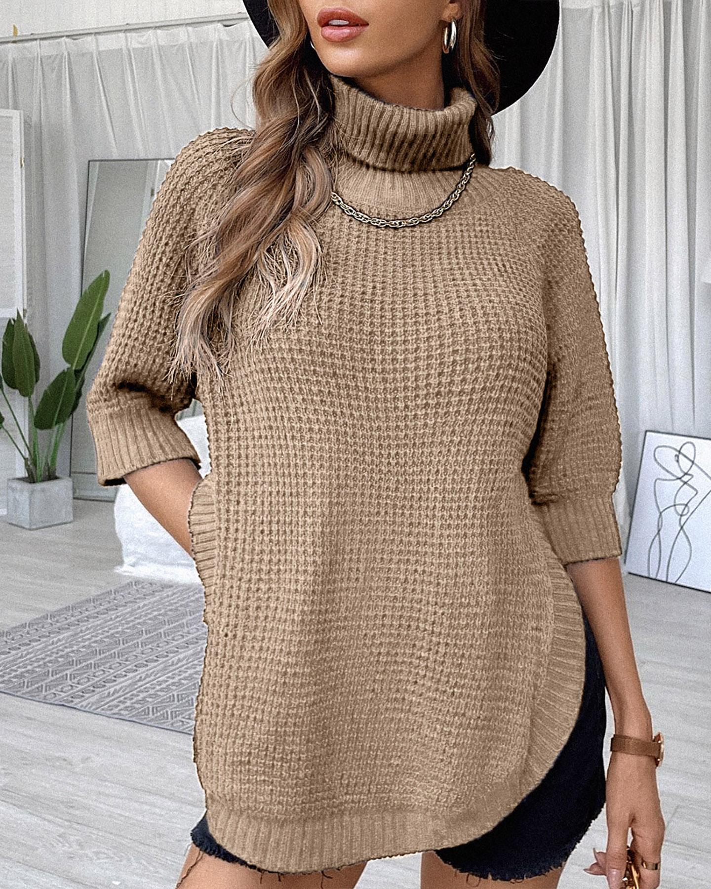 

Dip Hem Solid High Neck Knit Sweater, Khaki