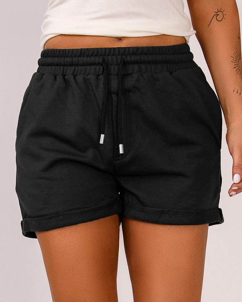 

Pocket Design Rolled Hem Drawstring Waist Shorts, Black