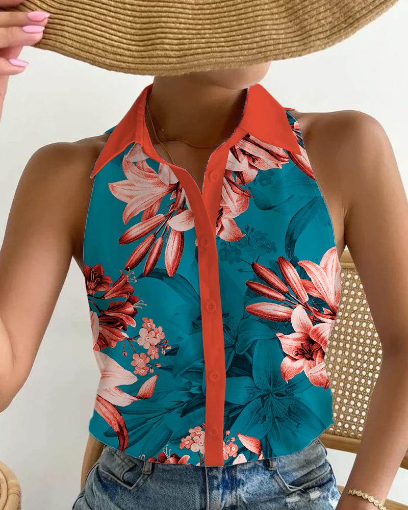 

Floral Print Button Front Sleeveless Top, Blue