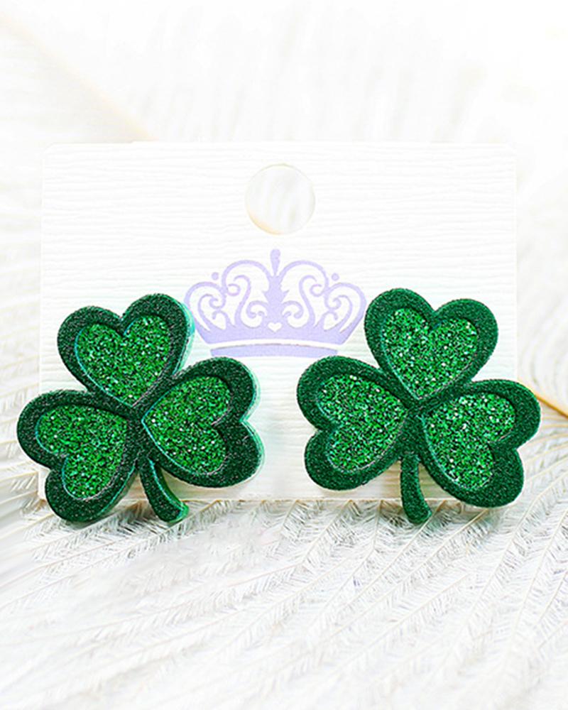 

1Pair St. Patrick's Day Glitter Clover-shaped Earrings, Green