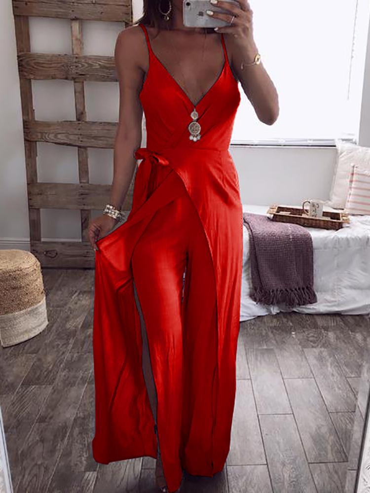 

Solid Plunge Tied Waist Slit Wrap Jumpsuit, Red