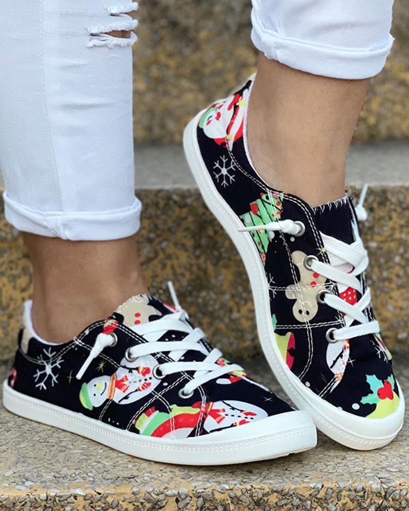 

Christmas Snowman Print Lace-up Canvas Slip-On, Black&green