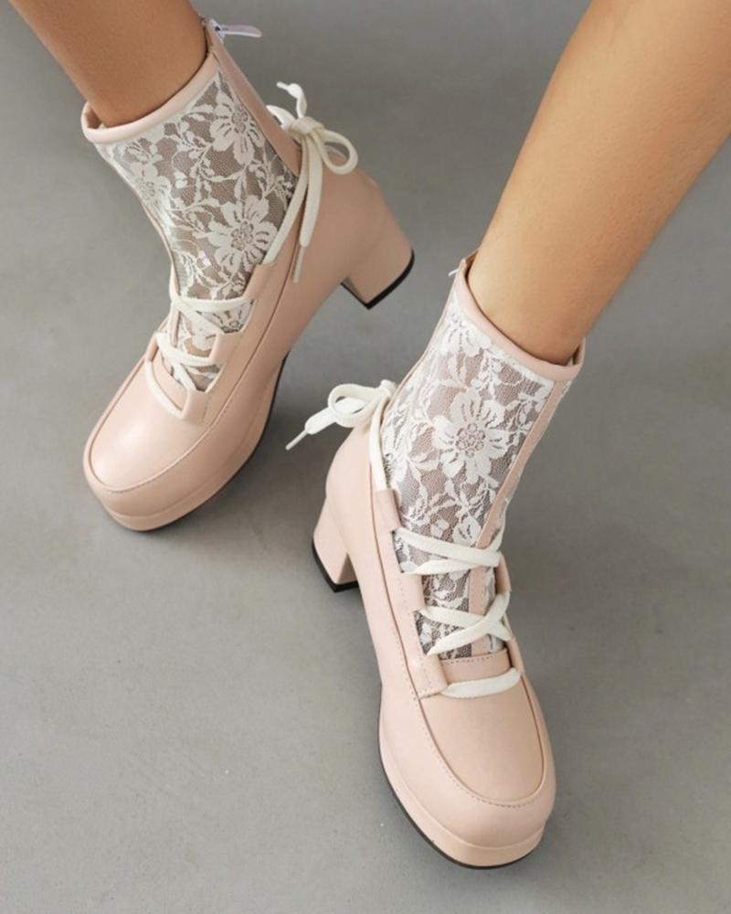 

Womens Vintage Round Toe Lace Heeled Ankle Boots, Pink