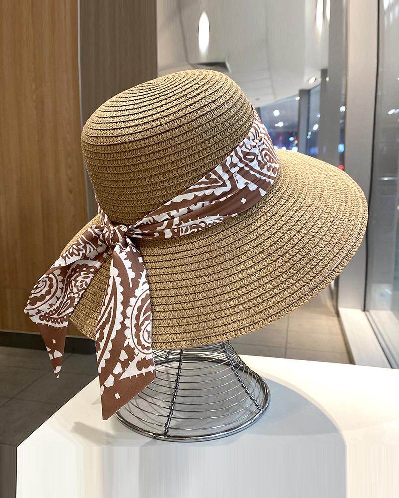 

Tribal Print Bow Decor Straw Hat, Khaki
