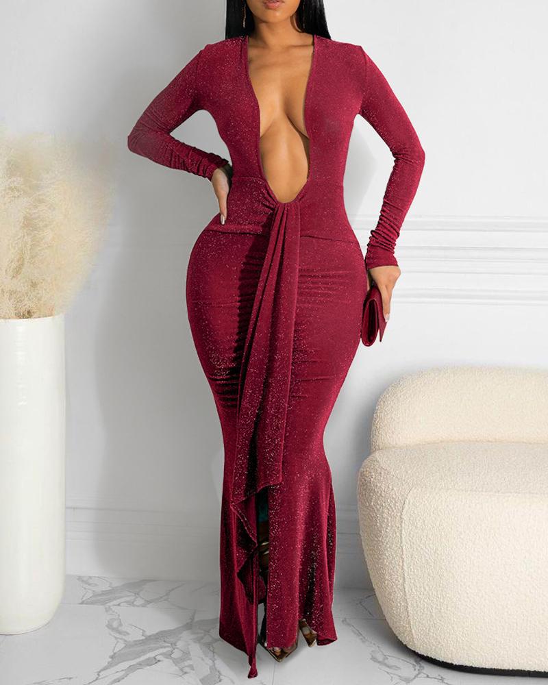 

Long Sleeve Plunging Neck Glitter Mermaid Dress, Red