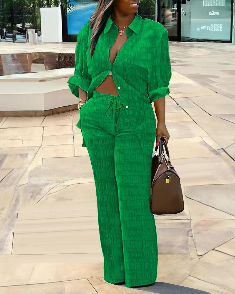 

Bubble Textured Buttoned Shirt & Pants Set, Green