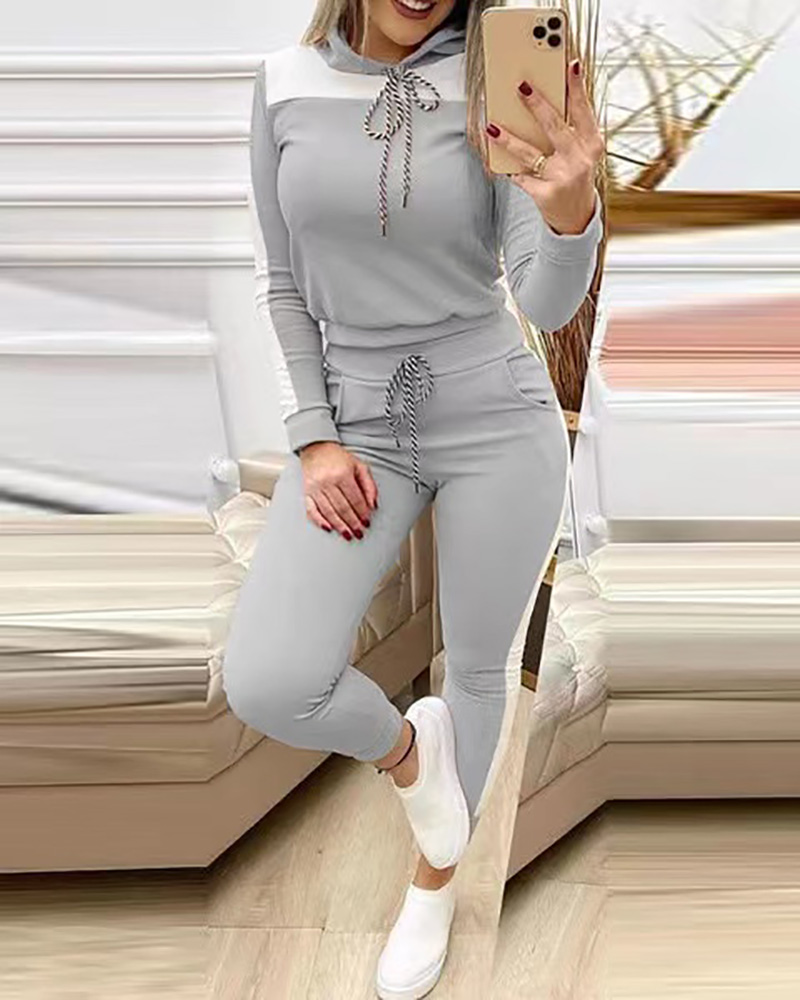 

Striped Print Long Sleeve Hooded Top & Drawstring Pants Set, Gray