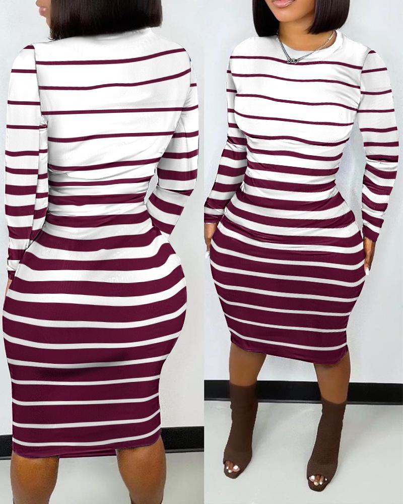 

Striped Print Long Sleeve Bodycon Dress, Red