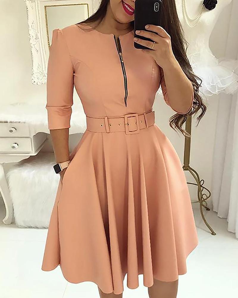 

Zipper Pocket Design Casual Dress, Pink