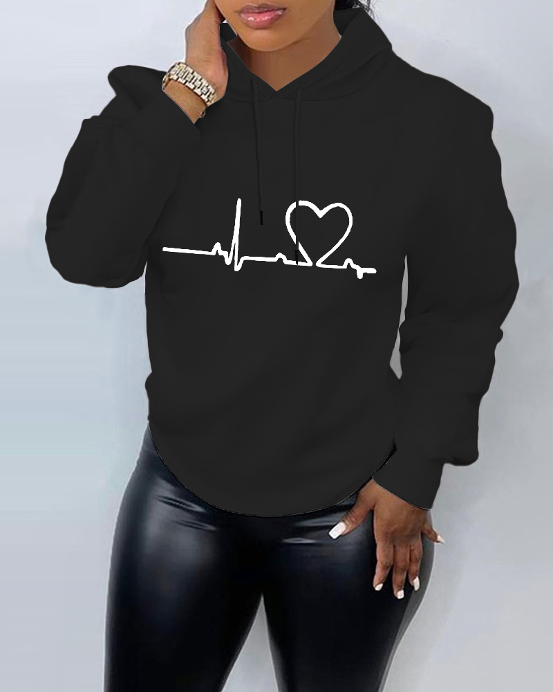 

Plus Size Heart Print Hooded Top, Black