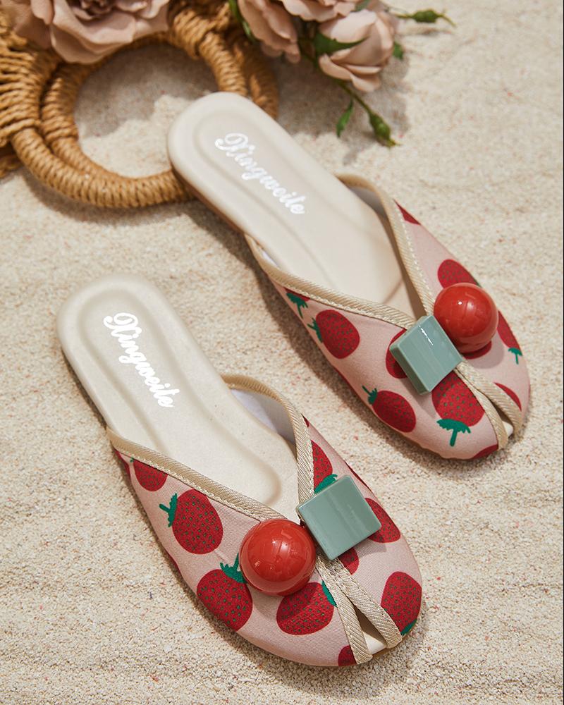 

Peep Toe Fruit Print Slippers, Red