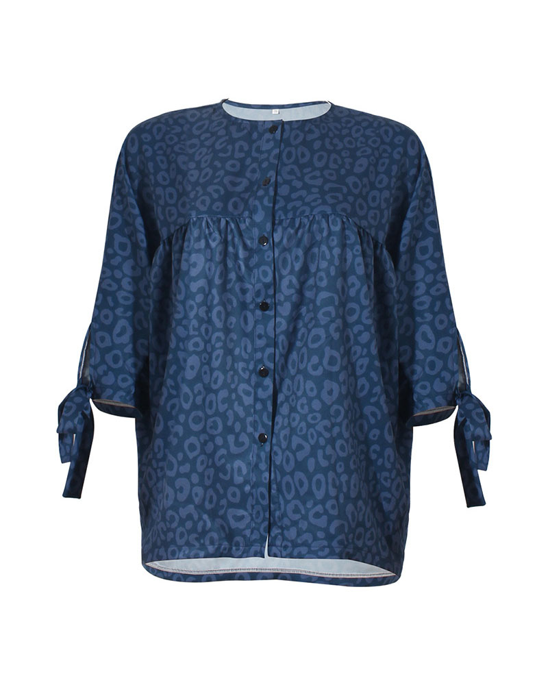 

Leopard Print Knot Cuff Button Down Top, Blue