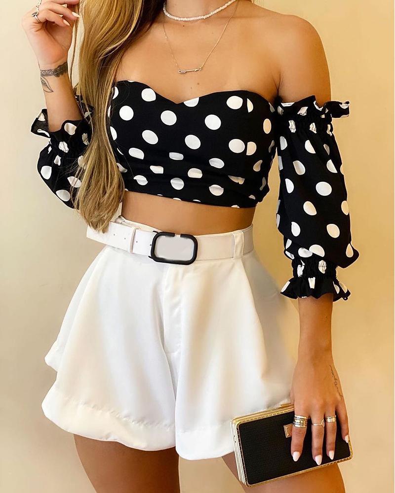 

Polka Dot Print Off Shoulder Ruffle Hem Top & Shorts Set, Black