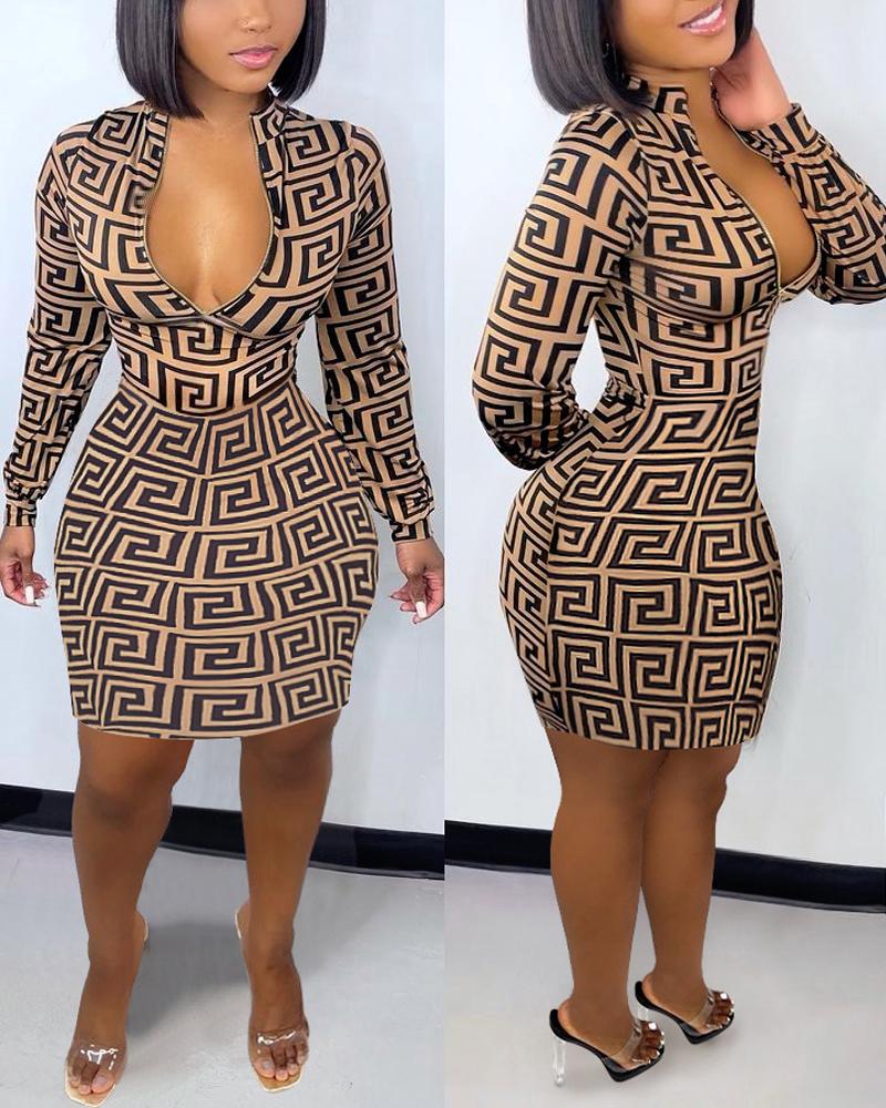 

Geometric Print Long Sleeve Bodycon Dress, Khaki