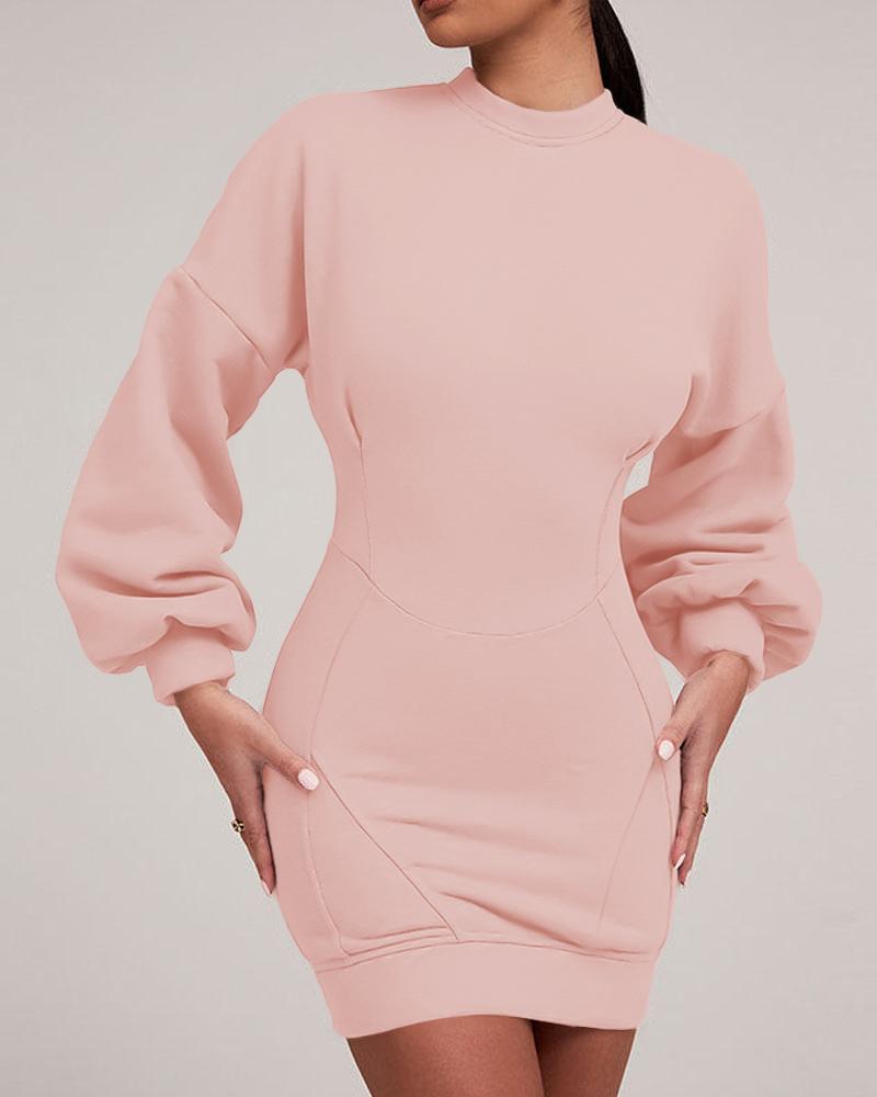 

O-neck Lantern Sleeve Mini Bodycon Sweatshirt Dress, Light pink